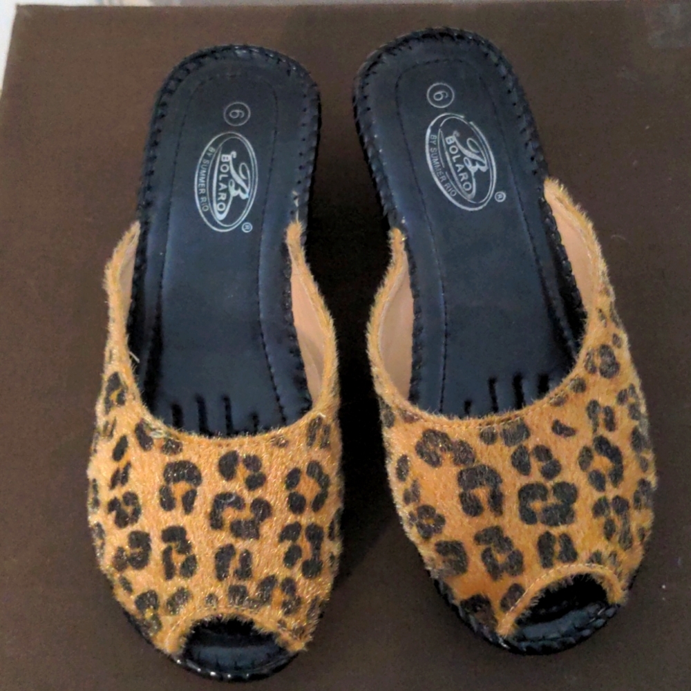 Bolaro leopard print fuzzy peep toe mule with baby wedge